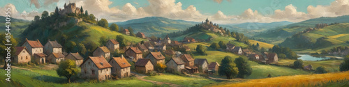 Fairy-tale villages nestled in rolling hills are depicted with thick, bold oil layers, illustrating a charming fantasy landscape of whimsy and wonder, Generative AI