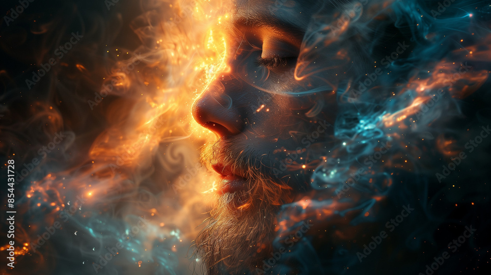 A man's profile bathed in glowing light and ethereal smoke. A man's profile bathed in glowing light and ethereal smoke.
