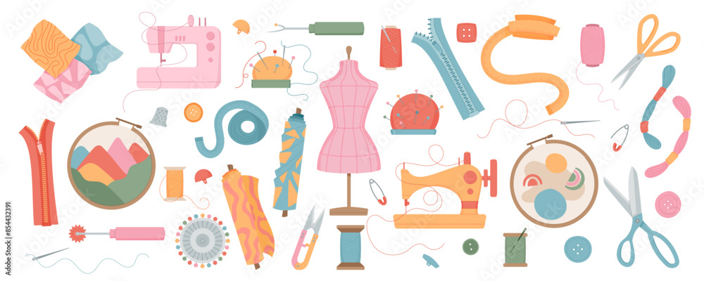Set of sewing machine, needle, and thread, with fabric pieces. Tailor mannequin, scissors, thimble, and pin cushion. Cute illustration of supplies for tailor, embroidery, handmade sewing, and crafting Set of sewing machine, needle, and thread, with fabric pieces. Tailor mannequin, scissors, thimble, and pin cushion. Cute illustration of supplies for tailor, embroidery, handmade sewing, and crafting