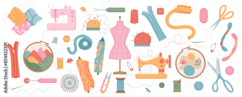 Set of sewing machine, needle, and thread, with fabric pieces. Tailor mannequin, scissors, thimble, and pin cushion. Cute illustration of supplies for tailor, embroidery, handmade sewing, and crafting