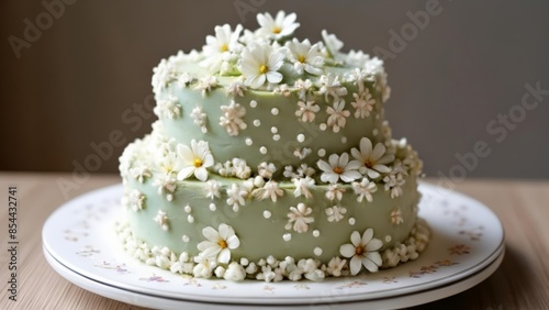  Elegant threetiered wedding cake adorned with white flowers © vivekFx