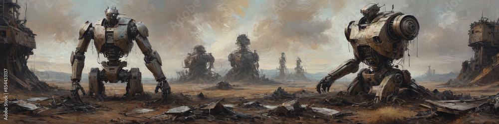 Obraz premium The aftermath of a robotic takeover is brought to life through bold, layered oil strokes, highlighting the remnants of human civilization and the rise of AI, Generative AI