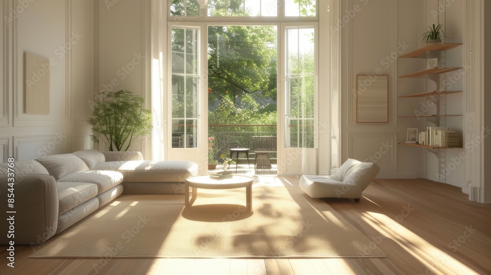 Sunlight streams through a large window illuminating a modern living room with a light beige sectional sofa and a coffee table. Sunlight streams through a large window illuminating a modern living room with a light beige sectional sofa and a coffee table.