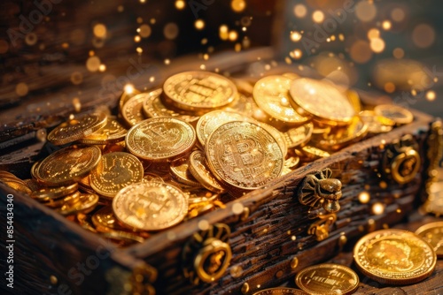 An artistic representation of gold coins spilling out of a treasure chest, signifying successful investments and returns The coins are captured in mid-air, highlighting movement and dynamic growth
