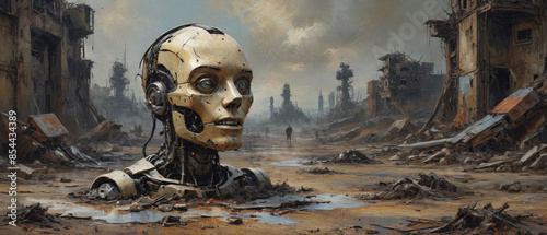 The aftermath of a robot uprising is depicted with thick, textured oil applications, illustrating the dominance of AI and the decayed remnants of the human world, Generative AI