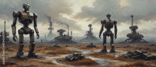 A surreal vision of a world controlled by robots is brought to life through bold oil strokes, highlighting the desolate landscapes and mechanical overlords that define this new era, Generative AI photo