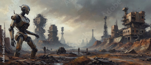 A surreal vision of AI control is brought to life through thick, textured oil strokes, featuring a dystopian landscape of robotic overseers and desolate urban ruins, Generative AI photo