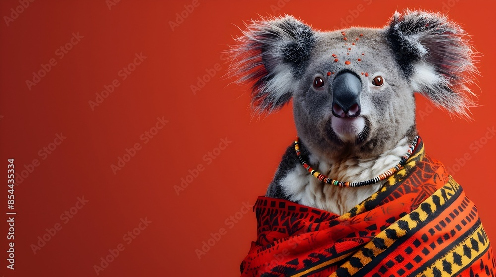 Obraz premium Surreal of an Australian Koala Wearing Aboriginal Inspired Attire on Plain Red Background