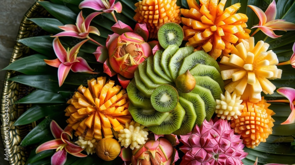 An intricate floral design made out of sliced kiwi dragonfruit and starfruit serving as the centerpiece for a vibrant tropical fruit platter. An intricate floral design made out of sliced kiwi dragonfruit and starfruit serving as the centerpiece for a vibrant tropical fruit platter.