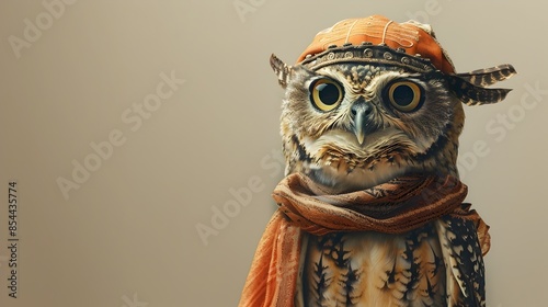 Surreal of a Greek Olive Owl Wearing Traditional National Costumes