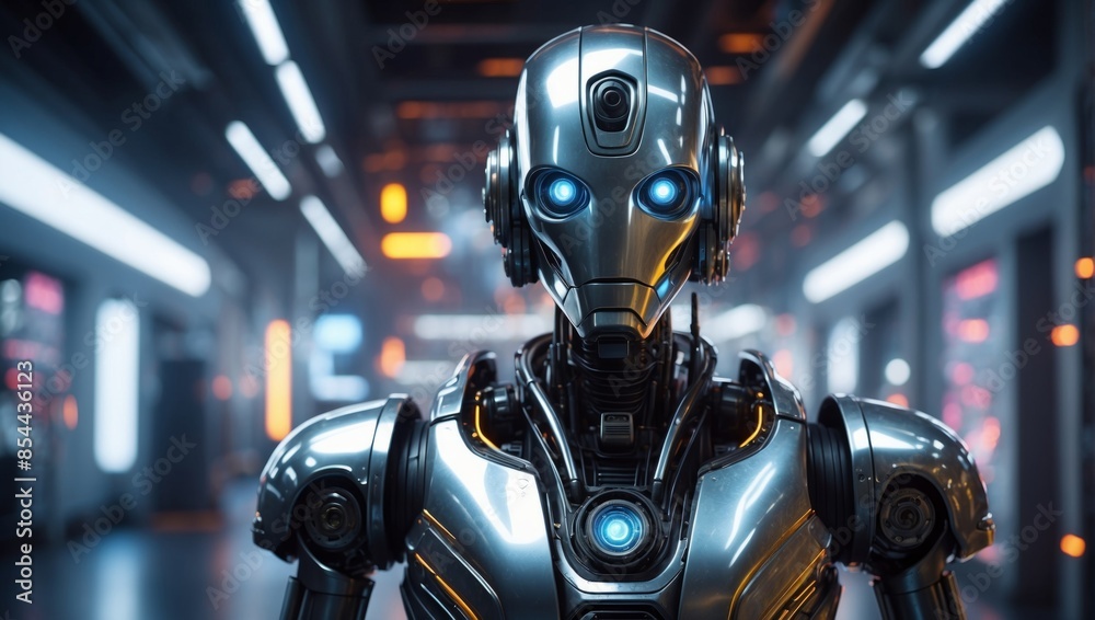 A chrome android mechanic with glowing blue eyes stands in a brightly lit futuristic workshop, ready to work A chrome android mechanic with glowing blue eyes stands in a brightly lit futuristic workshop, ready to work