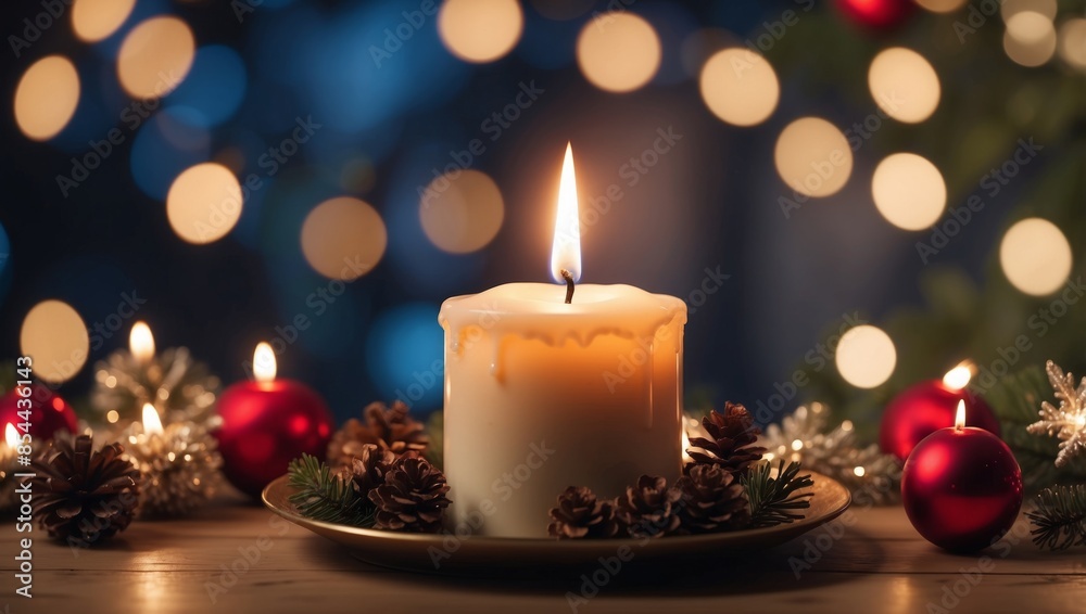 A single burning candle sits on a table surrounded by pine cones and red Christmas ornaments, with a blurred background of glowing lights