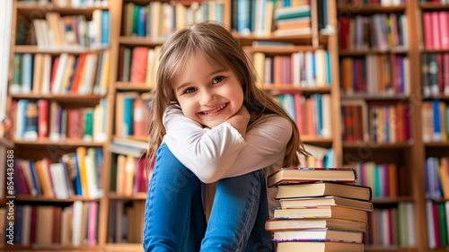 Little girl sitting next to stack of book in library