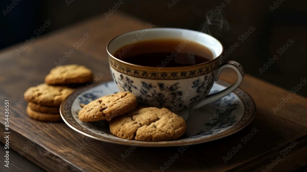Cozy afternoon tea setting with warm cookies and steaming coffee Cozy afternoon tea setting with warm cookies and steaming coffee