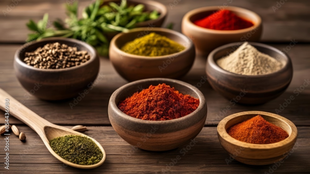 A spice rack with a variety of colorful spices ready to enhance your culinary creations A spice rack with a variety of colorful spices ready to enhance your culinary creations