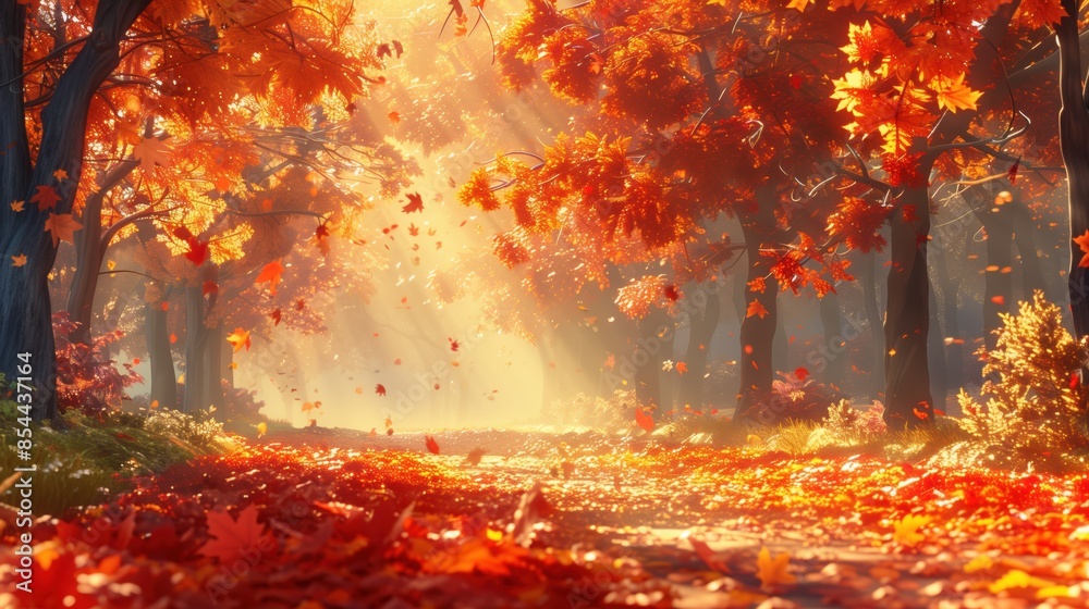 A beautiful autumn forest with trees displaying vibrant fall colors bathed in soft. Golden sunlight filtering through the leaves A beautiful autumn forest with trees displaying vibrant fall colors bathed in soft. Golden sunlight filtering through the leaves