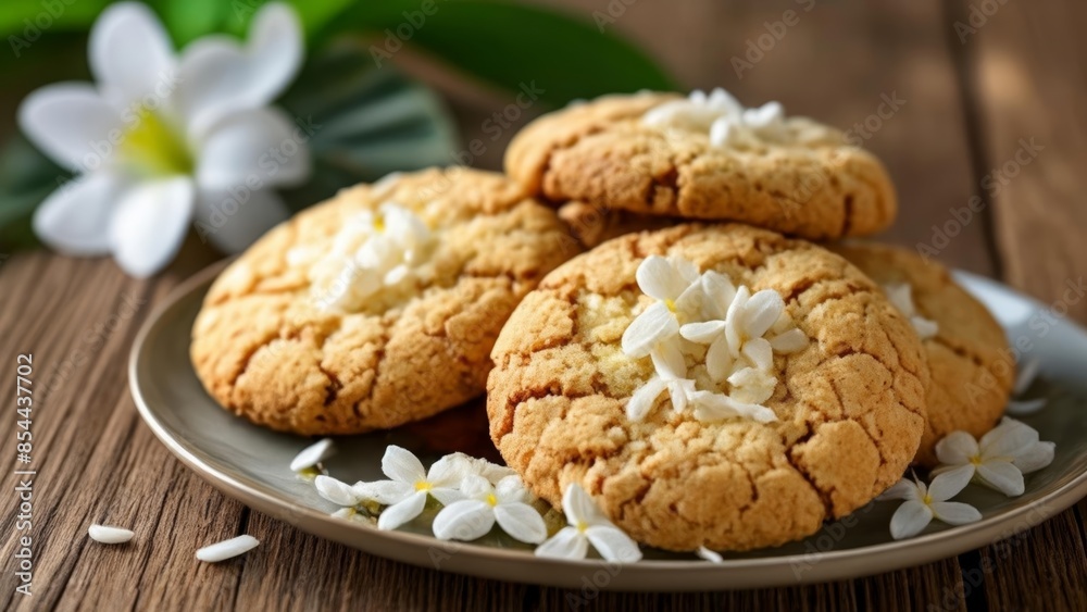 Deliciously baked flowertopped cookies on a rustic wooden table Deliciously baked flowertopped cookies on a rustic wooden table