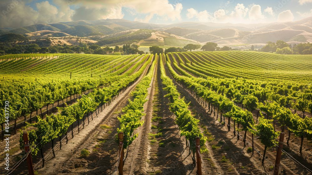 Naklejka premium Vineyard with rows of green vines