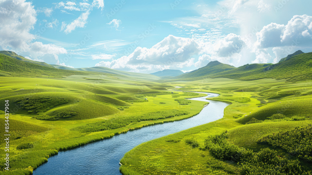 River running through a lush green field