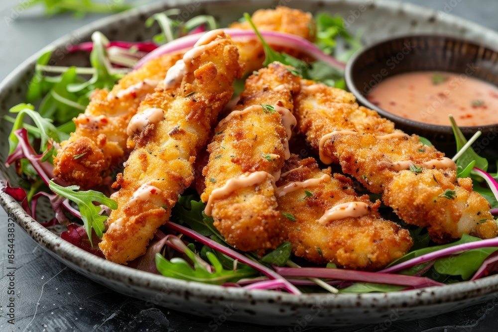 crispy fish sticks with dipping sauce, served with fresh greens, rustic metal tray and blue-gray background crispy fish sticks with dipping sauce, served with fresh greens, rustic metal tray and blue-gray background