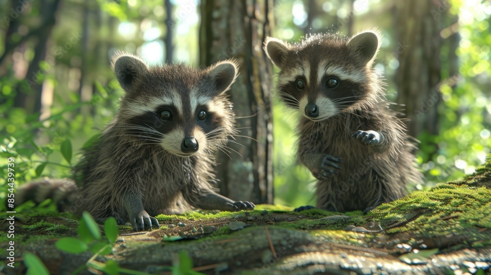 Fototapeta premium Two young raccoons with black masks sit on a mossy log in the middle of a lush green forest.