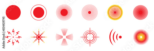 Pain location symbol set. Red vector pain location signs. Pain point icon collection. Red mark painful target symbol