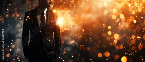 Mysterious man in suit standing against a glowing, abstract background. © admin_design