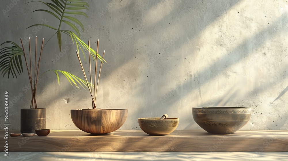 Minimalist spa design showcasing a serene setup with singing bowls and incense, creating a perfect ambiance for sound meditation Minimalist spa design showcasing a serene setup with singing bowls and incense, creating a perfect ambiance for sound meditation