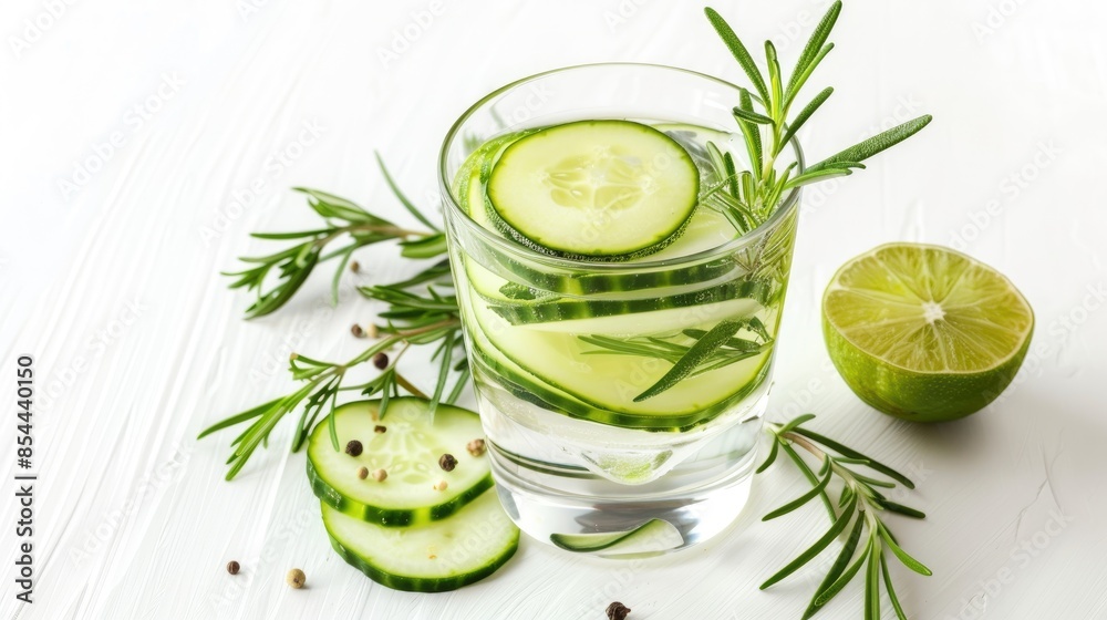 Cucumber lime and rosemary drink in a glass Refreshing summer detox on white background Cucumber lime and rosemary drink in a glass Refreshing summer detox on white background