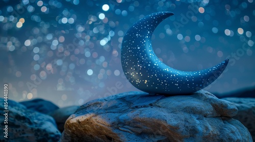 Mystical ceramic ocarina shaped like a crescent moon, with starry glaze, positioned on a rocky ledge under a clear night sky filled with stars photo