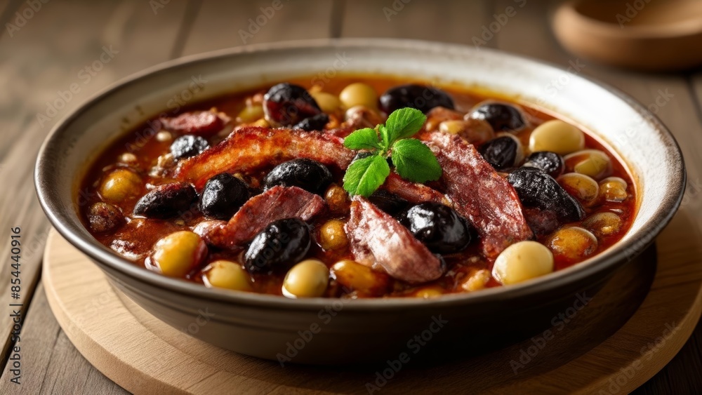 Hearty bean stew with sausage and olives served in a rustic bowl Hearty bean stew with sausage and olives served in a rustic bowl