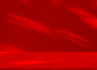 Wall interior background, studio and backdrops show products. with leaf shadow from window color red and white. background for text insertion and presentation of product	