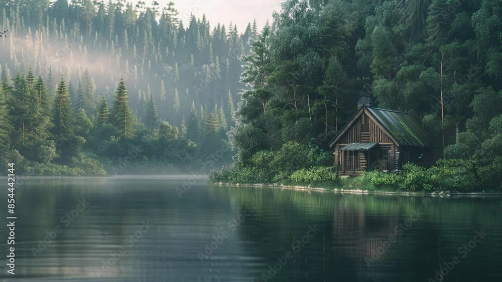 Beautiful natural scenery featuring fantasy tropical landscape and wooden houses by the river Beautiful natural scenery featuring fantasy tropical landscape and wooden houses by the river
