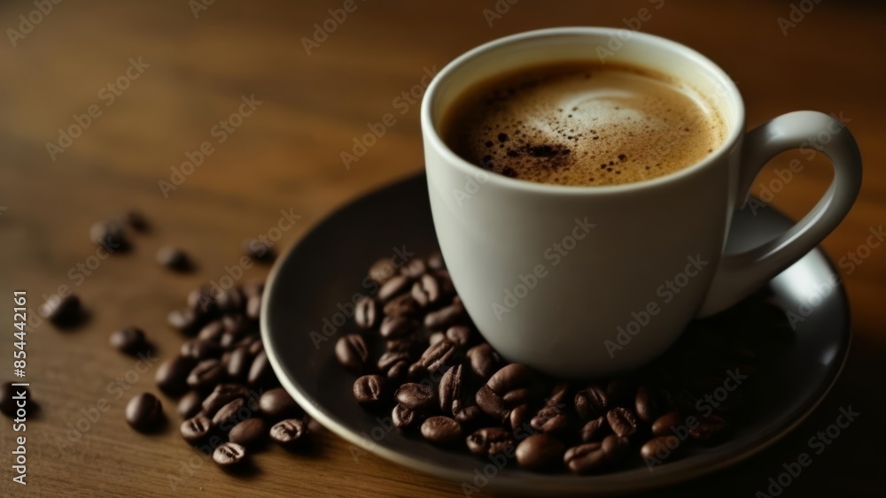 Aromatic coffee beans surround a steaming cup of espresso Aromatic coffee beans surround a steaming cup of espresso
