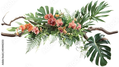 Floral arrangement with tropical leaves and orchids,Tropical flower decor on tree branch on white background,,Flower arrangement with orchids and palm leaves on white background,Floral arrangement 