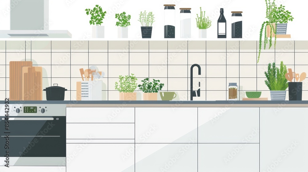 Fototapeta premium A minimalistic kitchen with white cabinets, tiled backsplash, and an array of potted plants.