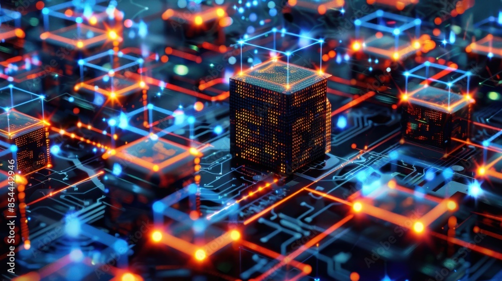 Glowing blue lines connect digital blocks in a futuristic depiction of blockchain technology, illustrating decentralized networks and secure digital transactions.
Glowing blue lines connect digital blocks in a futuristic depiction of blockchain technology, illustrating decentralized networks and secure digital transactions.