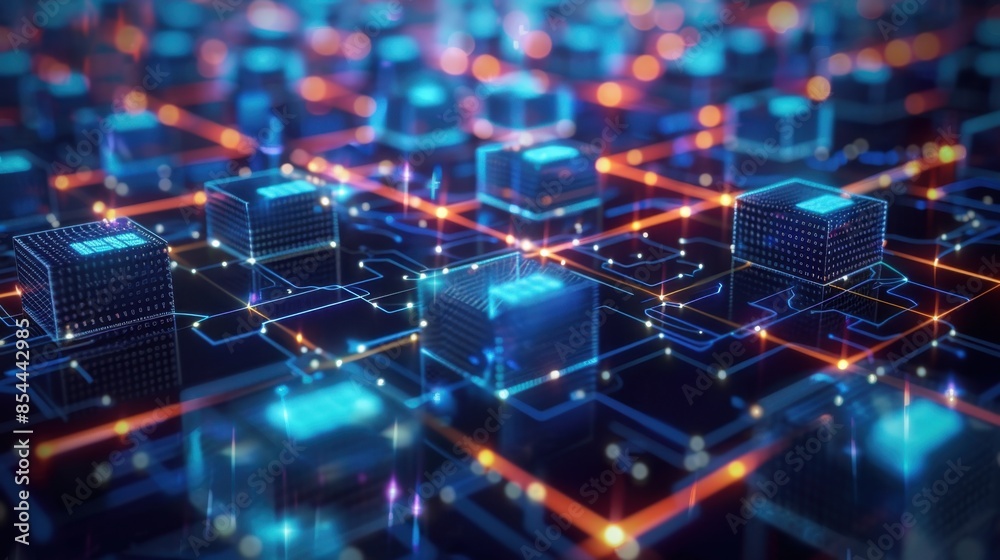 A network of interconnected digital blocks, representing blockchain technology, with glowing blue lines linking the blocks in a futuristic setting.
A network of interconnected digital blocks, representing blockchain technology, with glowing blue lines linking the blocks in a futuristic setting.