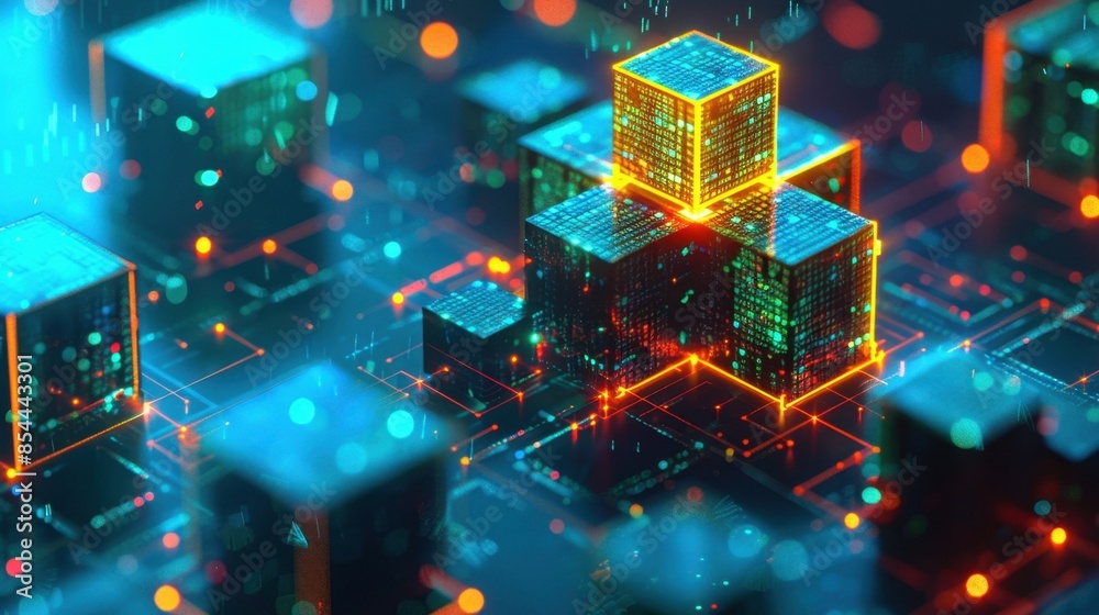 A digital illustration of interconnected blocks and lines, representing blockchain technology and data networks, set against a bright blue background with a futuristic feel.
A digital illustration of interconnected blocks and lines, representing blockchain technology and data networks, set against a bright blue background with a futuristic feel.