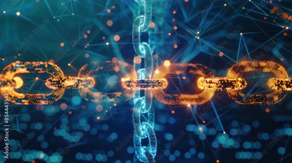 An artistic representation of interconnected glowing chains, symbolizing blockchain technology and secure data links. Background showcases complex digital networks.
An artistic representation of interconnected glowing chains, symbolizing blockchain technology and secure data links. Background showcases complex digital networks.