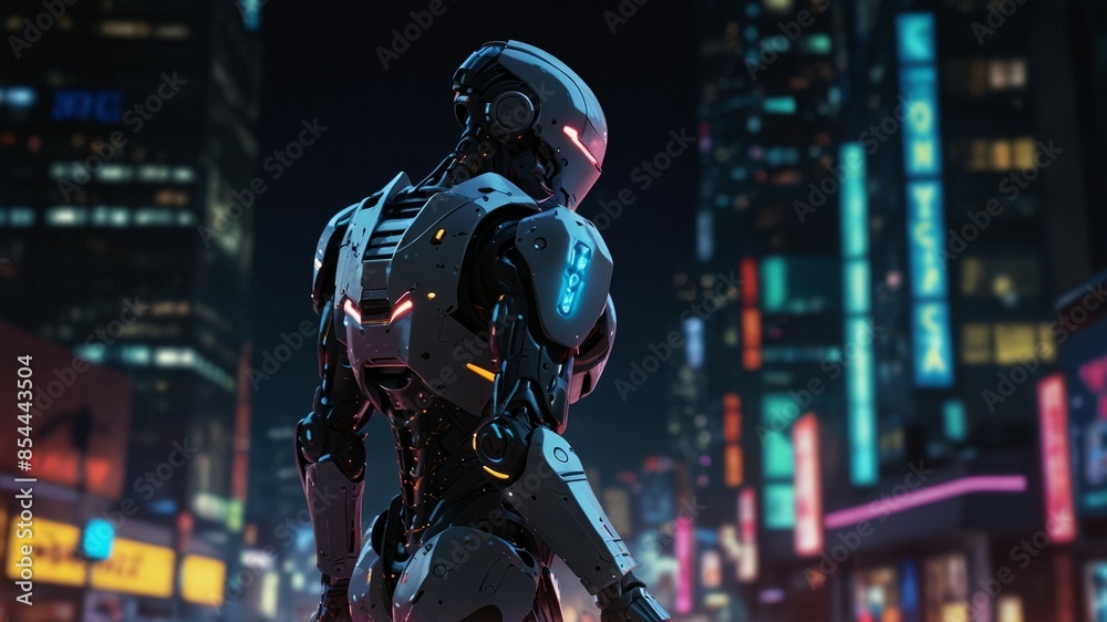 A sleek, futuristic robot walks through a neon-lit city at night, its metallic body reflecting the colorful lights A sleek, futuristic robot walks through a neon-lit city at night, its metallic body reflecting the colorful lights