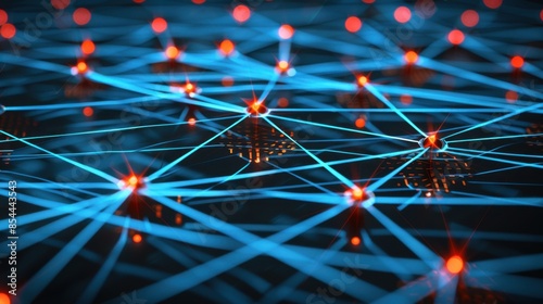 A digital graphic showcasing a network of intricate blue lines and vibrant red nodes, illustrating the complexity of data connections and cutting-edge technology against a dark, futuristic backdrop. 