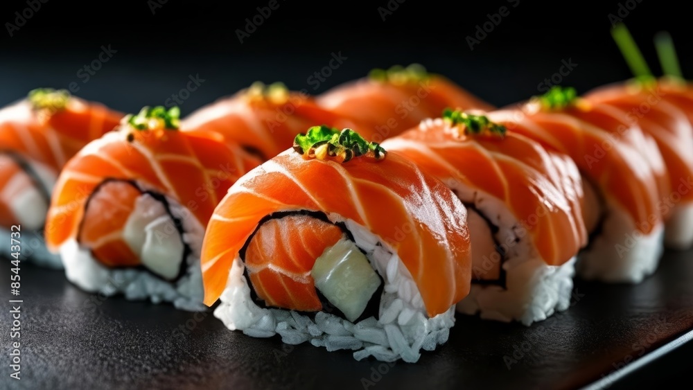 Deliciously crafted sushi rolls ready to be savored Deliciously crafted sushi rolls ready to be savored