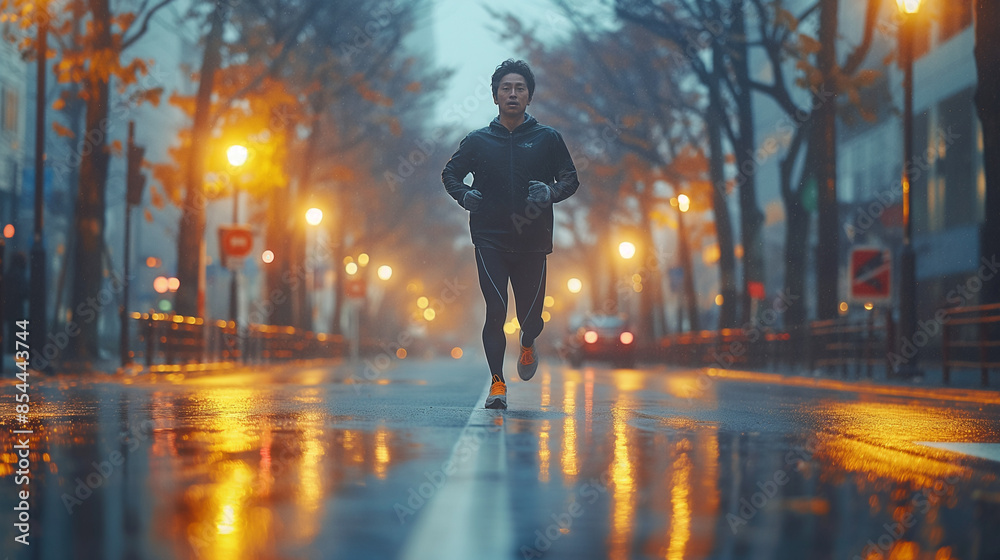 夜の街をランニングする男性 夜の街をランニングする男性
