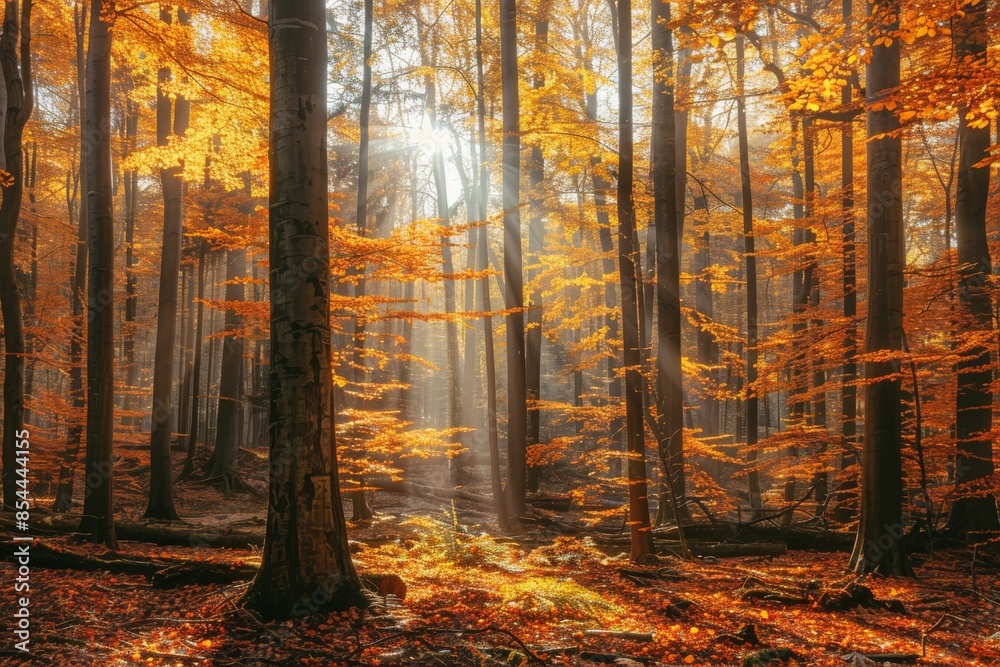 Obraz premium Scenic view of a forest with trees in fall foliage, sunlight filtering through, peaceful and natural setting 