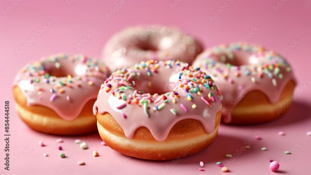 Sweet indulgence A trio of frosted sprinkled donuts Sweet indulgence A trio of frosted sprinkled donuts