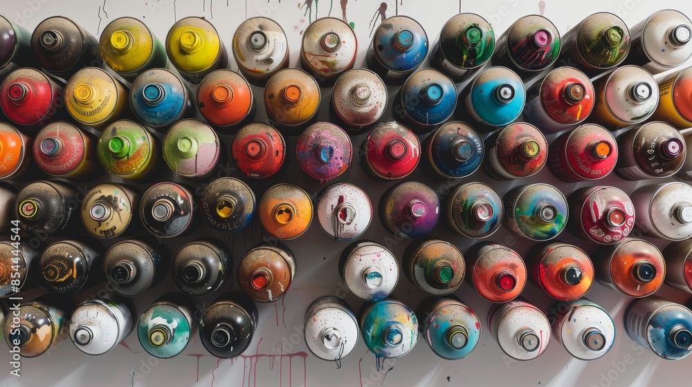Rows of spray paint cans, meticulously aligned, various colors, white backdrop highlighting details and textures Rows of spray paint cans, meticulously aligned, various colors, white backdrop highlighting details and textures
