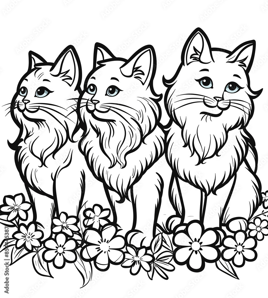 Fototapeta premium Three cats are sitting in a field of flowers. The cats are all different colors and sizes, but they all have long fur. The scene is peaceful