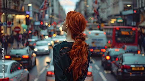 A woman with red hair stands in the middle of a busy city street. The street is filled with cars, buses, and pedestrians. The woman is looking up at the sky, seemingly lost in thought