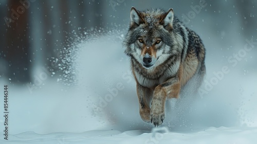 An imposing gray wolf sprints across a snowy landscape, Dynamic wolf motion in winter wilderness © BOONJUNG